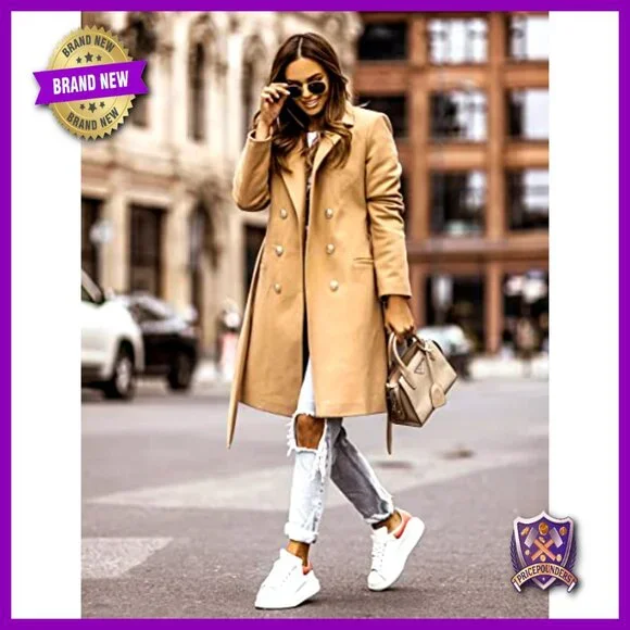 Wool Trench Coat Double Breasted Belted Classic Fall Winter Peacoat - Picture 2 of 4